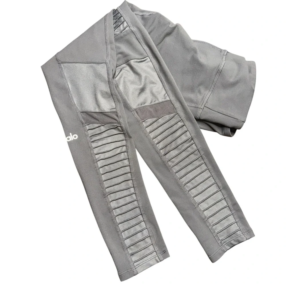 Alo Yoga Leggings Womens Small Gray Moto High Waist Ribbed Panel Athletic
